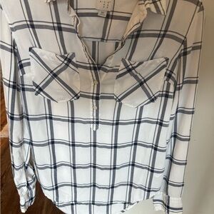 Women's White and Black Plaid Button Down Shirt